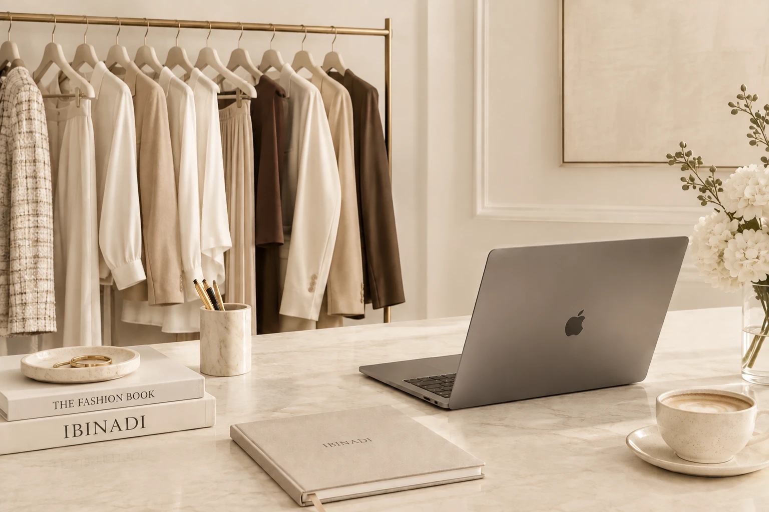 A marble worktable with a laptop, notebook and jewellery, beside a rail of neutral garments