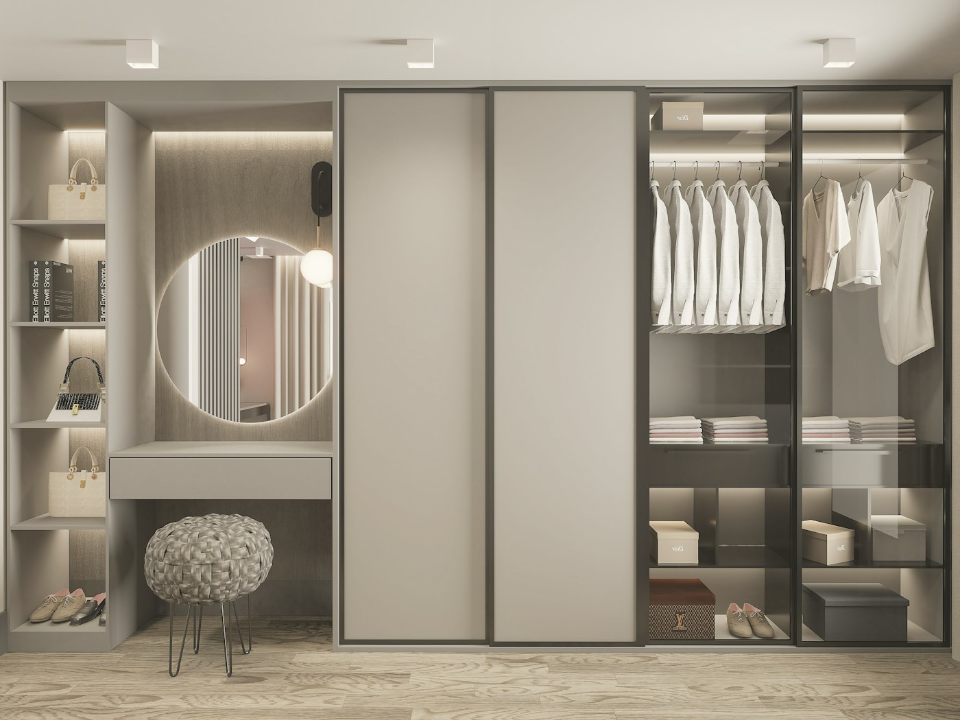Hands arranging garments in a wardrobe